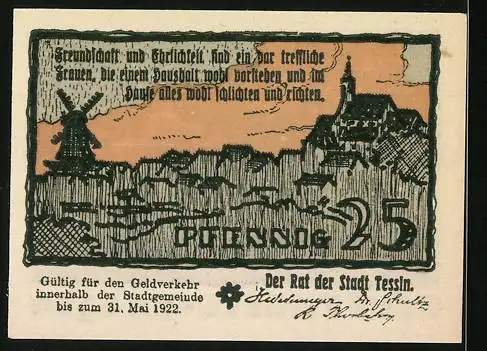 Notgeld Tessin 1922, 25 Pfennig, Ortsansicht, Ortspartie