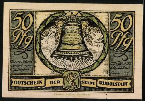 Notgeld Rudolstadt 1922, 50 Pfennig, Wappen, Portrait Friedrich v. Schiller, Glocke mit Engeln