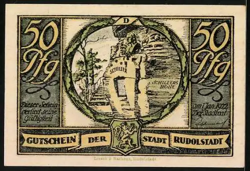 Notgeld Rudolstadt 1922, 50 Pfennig, Wappen, Schillers Höhle, Seliges Paar, Glocken