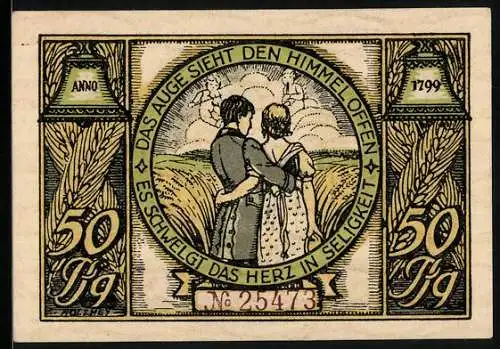 Notgeld Rudolstadt 1922, 50 Pfennig, Wappen, Schillers Höhle, Seliges Liebespaar, Glocken