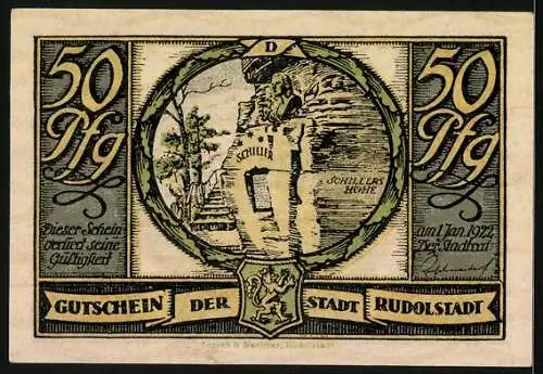 Notgeld Rudolstadt 1922, 50 Pfennig, Wappen, Schillers Höhle, Seliges Liebespaar, Glocken