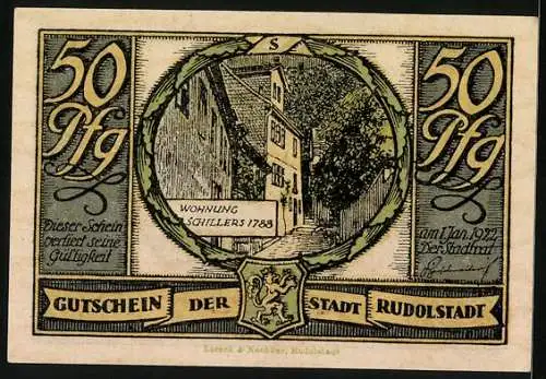 Notgeld Rudolstadt 1922, 50 Pfennig, Wappen, Totengräber, Glocken, Wohnung Schillers