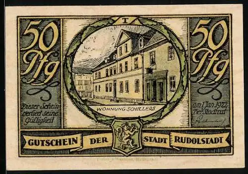 Notgeld Rudolstadt 1922, 50 Pfennig, Wappen, Schnitter beim Tanz, Glocken, Wohnung Schillers