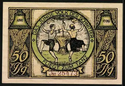 Notgeld Rudolstadt 1922, 50 Pfennig, Wappen, Schnitter beim Tanz, Glocken, Wohnung Schillers