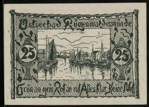 Notgeld Rügenwaldermünde 1921, 25 Pfennig, Hafenpartie, Fischer mit Netzen, Segelboot