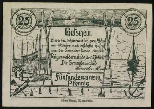Notgeld Rügenwaldermünde 1921, 25 Pfennig, Hafenpartie, Fischer mit Netzen, Segelboot