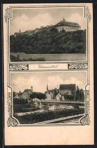 AK Untermarchtal, Blick auf das Schloss, Flusspartie mit Brücke