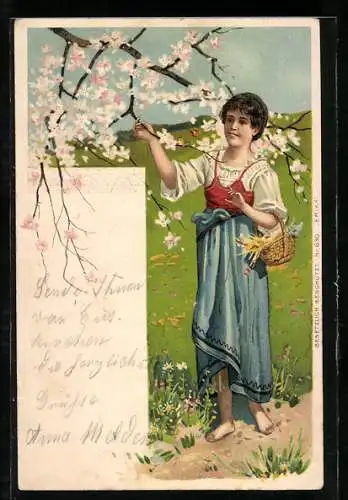 AK Junge Frau pflückt Blätter vom Baum, Pfingsten