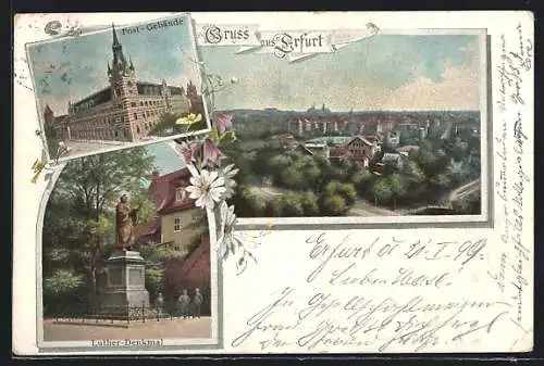 AK Erfurt, Generalansicht der Stadt, das Post-Gebäude, das Luther-Denkmal