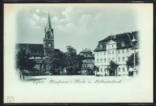 Mondschein-AK Erfurt, Kaufmann`s Kirche und Lutherdenkmal