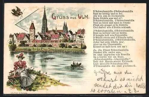 Lithographie Ulm / Donau, Ortsansicht, Frau in Tracht, Ulmer Spatz