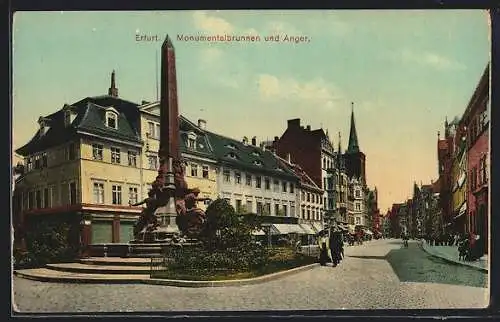 AK Erfurt, Strasse am Anger mit Geschäften und Monumentalbrunnen