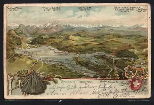 Lithographie Nonnenhorn, Der Bodensee mit allen Ufergemeinden und den Bergen der Umgebung, Wappen, Wandererutensilien