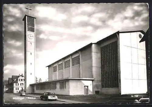AK Nürtingen /Neckar, Modernes Kirchengebäude mit Strasse