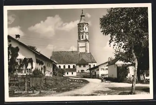 AK Schlingen bei Bad Wörishofen, Ortspartie mit der Kirche