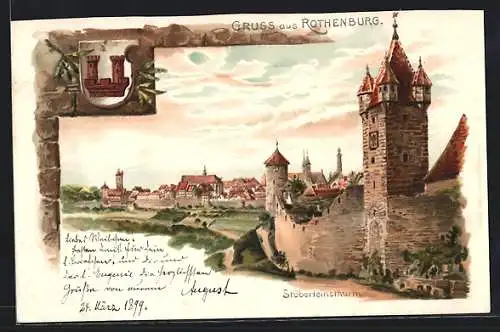 Lithographie Rothenburg / Tauber, Stöberleinsthurm mit Blick auf die Stadt, Wappen