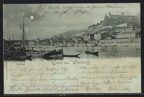 Mondschein-AK Würzburg, Flusspartie mit der Festung