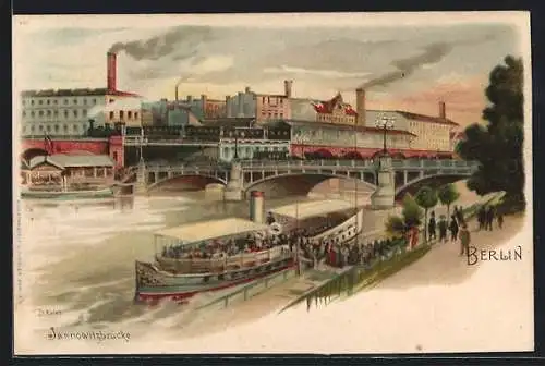 Lithographie Berlin, Jannowitzbrücke mit Schiffverkehr auf dem Fluss