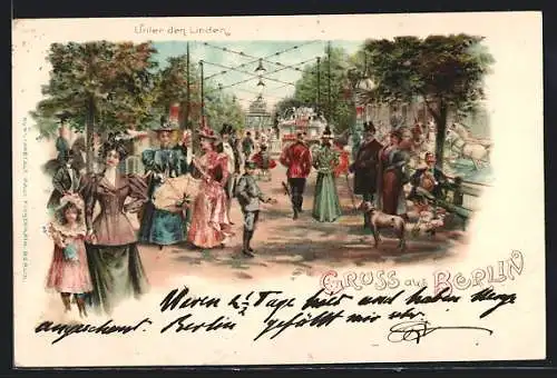 Lithographie Berlin, Unter den Linden mit Spaziergängern, Pferdekutsche