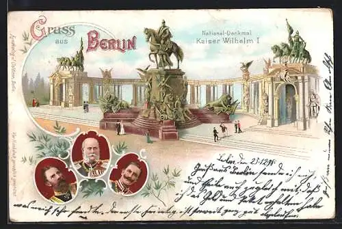 Lithographie Berlin, National-Denkmal Kaiser Wilhelm I. Friedrich Wilhelm III. von Preussen