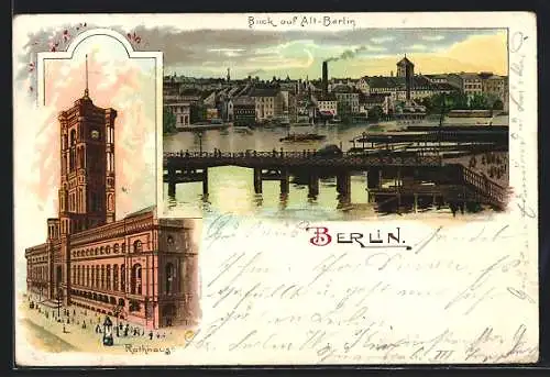 Lithographie Alt-Berlin, Hafenpartie und Rathaus