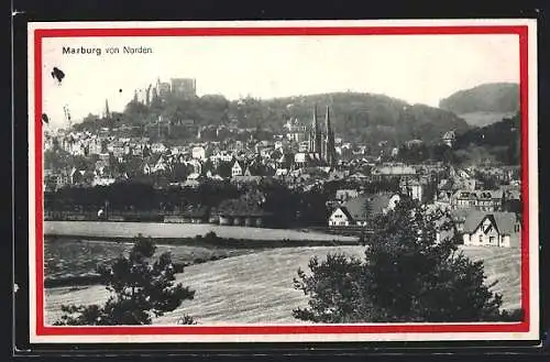 AK Marburg, Ortsansicht von Norden, Passepartout in Reichsfarben