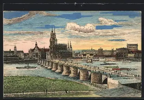Künstler-AK Dresden, Blick über die Elbe auf die Altstadt