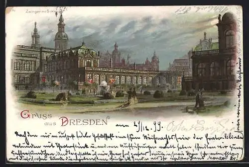 Lithographie Dresden, Zwinger mit Schloss