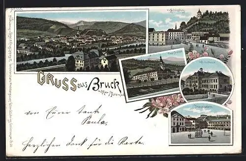Lithographie Bruck a. Mur, Pius-Institut, Schlossberg, Schulhaus