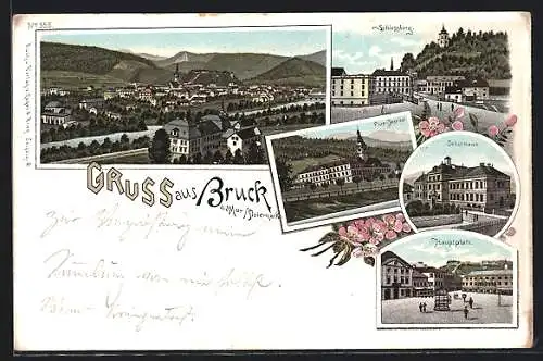 Lithographie Bruck an der Mur, Schlossberg, Schulhaus, Hauptplatz
