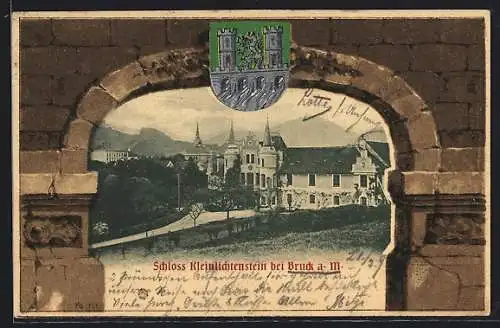 AK Bruck a. M., Schloss Kleinlichtenstein durch Tor, Wappen, Passepartout