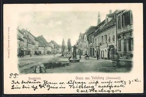 AK Voitsberg /Steiermark, Hauptplatz mit Geschäften und Brunnen