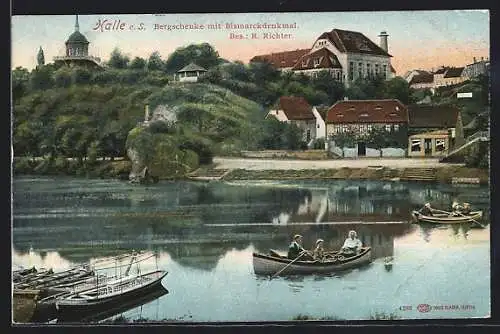 AK Halle a. S., Gasthaus Bergschenke mit Bismarckdenkmal und Boote