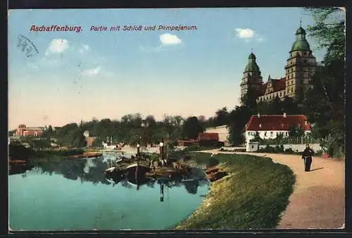 AK Aschaffenburg, Ortspartie mit Schloss und Pompejanum