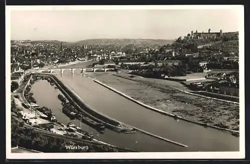 AK Würzburg, Ortsansicht mit Hafen und Brücke aus der Vogelschau