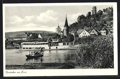 AK Gemünden am Main, Ausflugsboot Siegfried auf dem Fluss