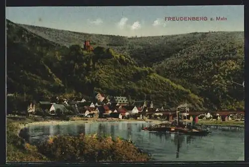 AK Freudenberg a. Main, Ortsansicht mit Flusspartie und Burg