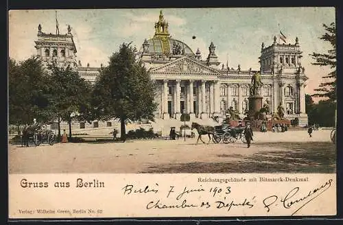 AK Berlin, Reichstagsgebäude mit Bismarck-Denkmal