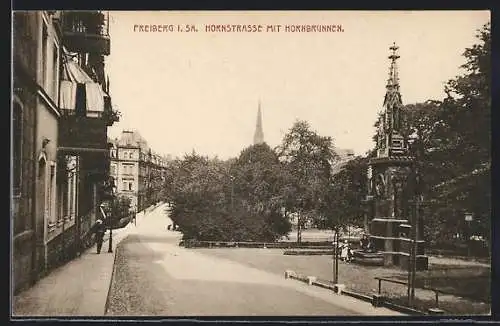 AK Freiberg / Sachsen, Blick auf Hornstrasse mit Hornbrunnen