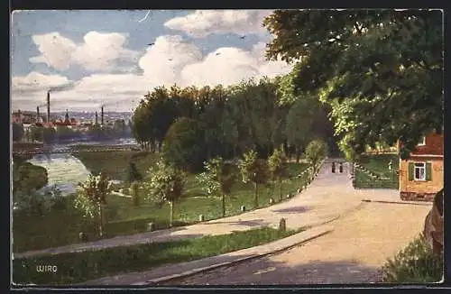 Künstler-AK Pforzheim, Blick vom Kupferhammer nach der Stadt