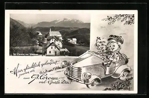 Künstler-AK St. Corona am Wechsel, Ortsansicht, Kleines Paar im Auto