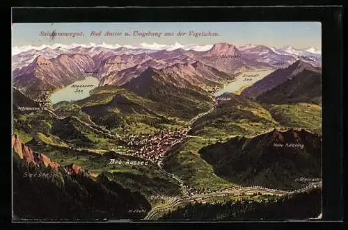 Künstler-AK Bad Aussee /Salzkammergut, Gesamtansicht mit Umgebung aus der Vogelschau