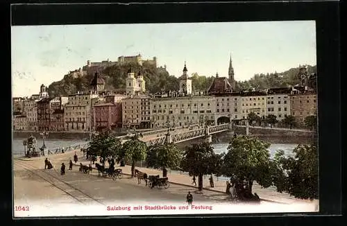 AK Salzburg, Teilansicht mit Stadtbrücke und Festung