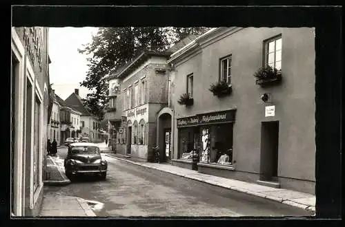 AK Gresten, Gasthof Hubegger zur Post, Massschneiderei und Radio - Elektro Geschäft