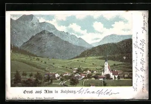 AK Alm in Salzburg, Ortsansicht vor Berglandschaft