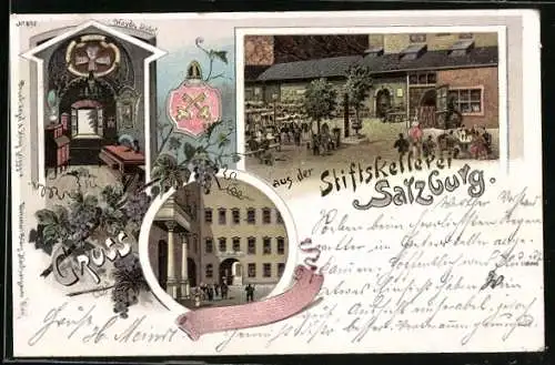 Lithographie Salzburg, Stiftskellerei mit innenansicht