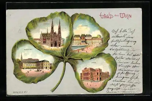 Passepartout-Lithographie Wien, Burgtheater, Stephansdom, Hofoper und Rathaus