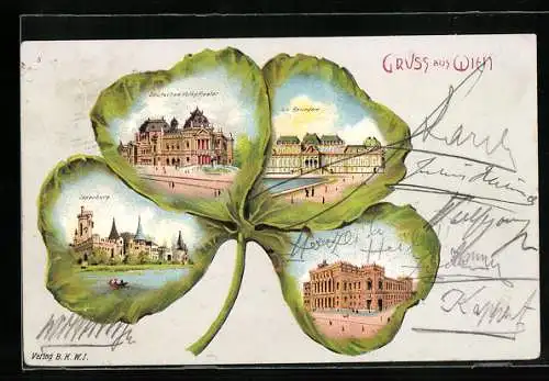 Passepartout-Lithographie Wien, Börse, Deutsches Volkstheater, K. k. Belvedere, Kleeblatt