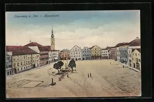 AK Obernberg a. Inn, Hauptplatz mit Geschäften und Brunnen