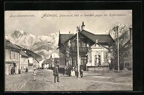 AK Admont, Partie am Leopoldinenbrunnen mit Blick gegen die Hallermauern